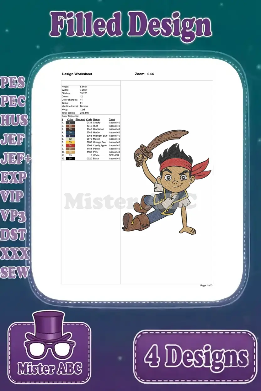 Detailed design worksheet for Jake the pirate holding a sword, showing stitch count, color changes, and thread chart.