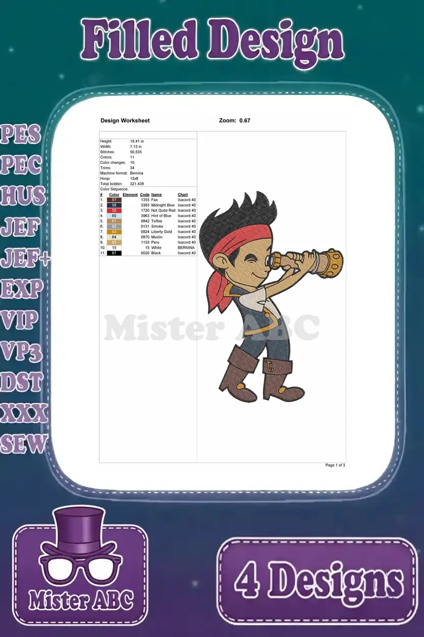 Detailed design worksheet for Jake the pirate with a spyglass, showing stitch count, color changes, and thread chart.