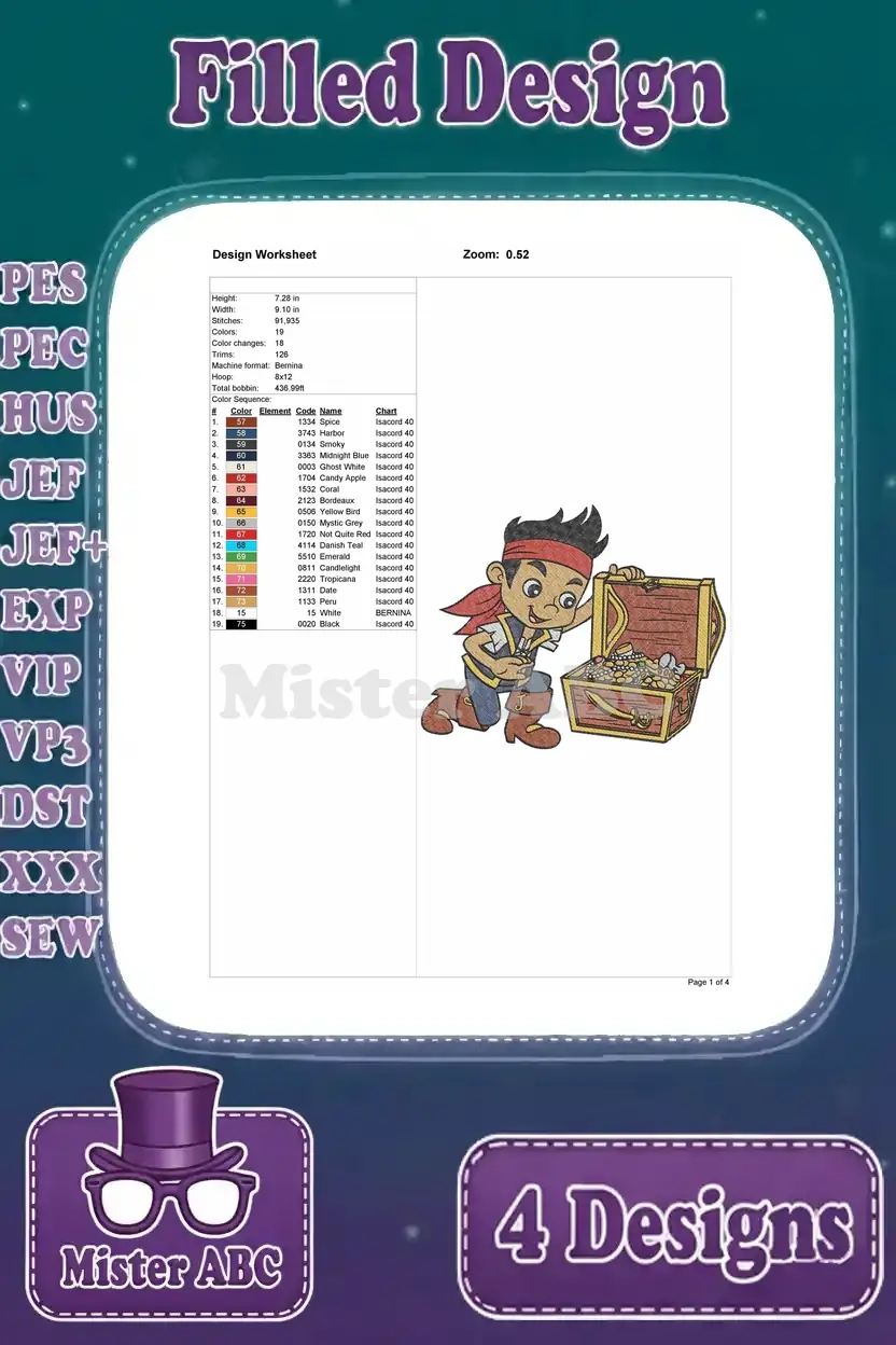 Detailed design worksheet for Jake the pirate with a treasure chest, showing stitch count, color changes, and thread chart.