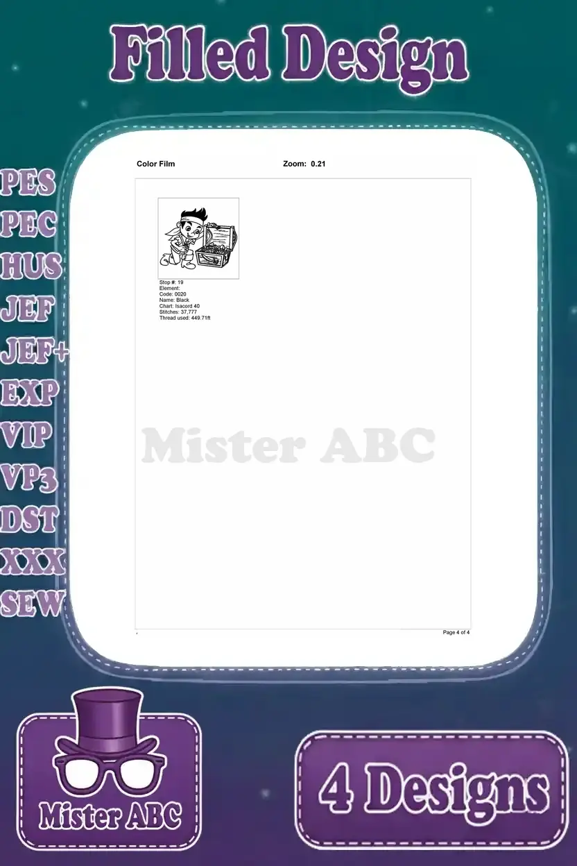 Final color film breakdown for Jake the pirate design with treasure chest, showing remaining color stops and stitch sequences on page 4.