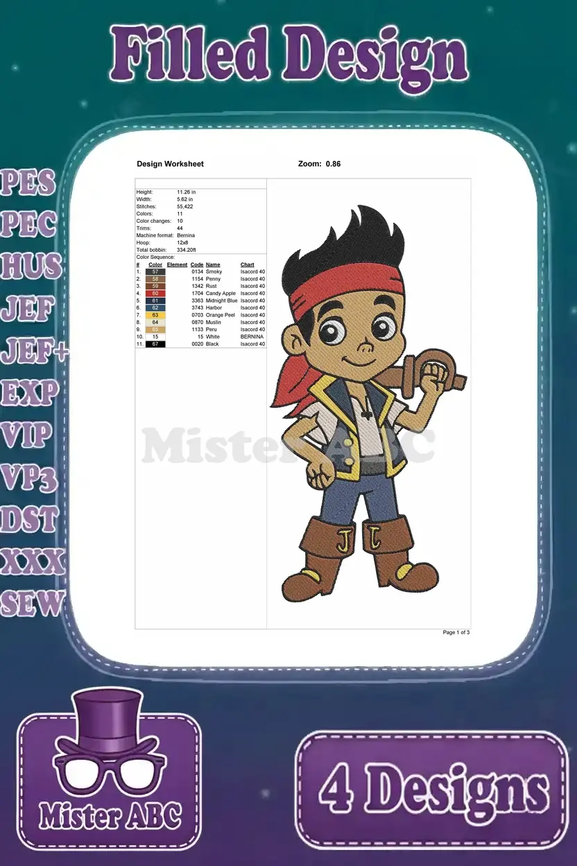 Detailed design worksheet for Jake the pirate standing with a hook, showing stitch count, color changes, and thread chart.