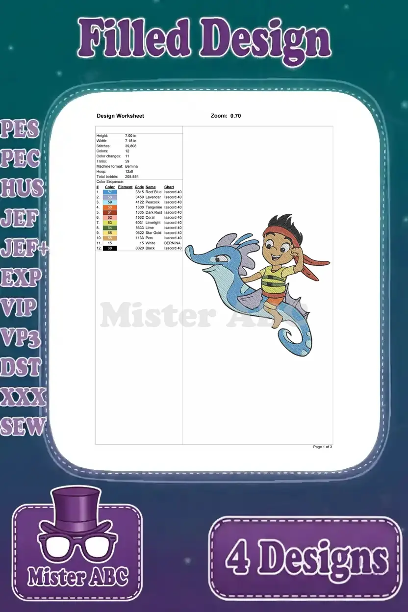 Design worksheet for Cubby on a seahorse embroidery, detailing stitch count, color sequence, thread types, and design dimensions.