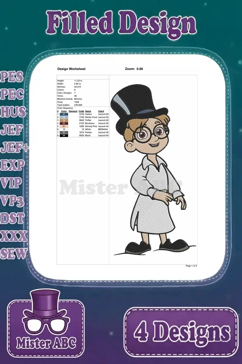 Detailed design worksheet for John Darling embroidery, showcasing stitch count, color sequence, and thread information for precision.