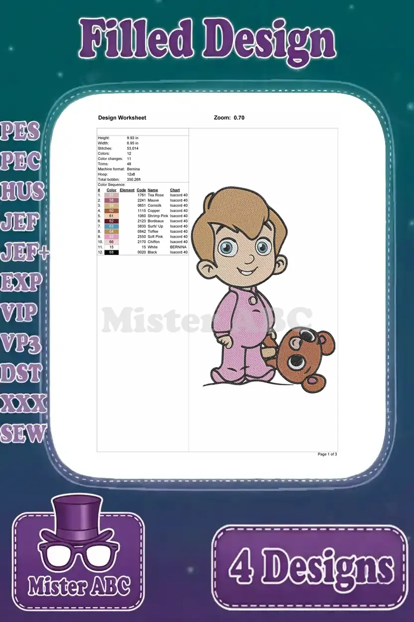 Design worksheet for Michael Darling with his bear embroidery, detailing stitch count, color sequence, thread types, and dimensions.