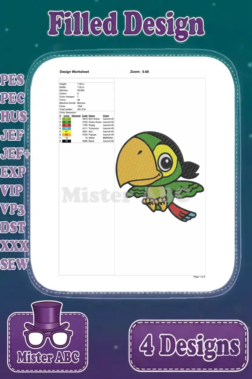 Detailed design worksheet for the first green parrot embroidery, showing dimensions, stitch count, color changes, and thread sequence.
