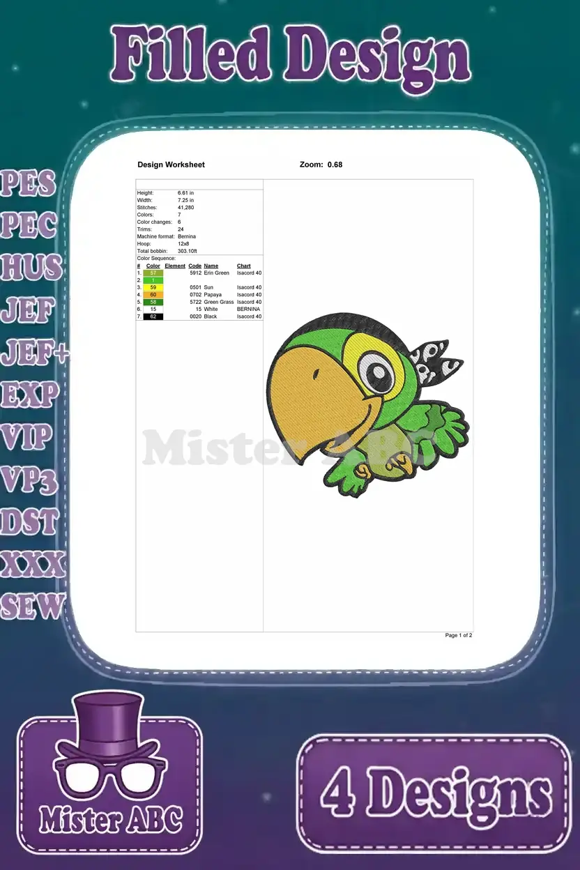 Detailed design worksheet for the second green parrot embroidery, showing dimensions, stitch count, color changes, and thread sequence.