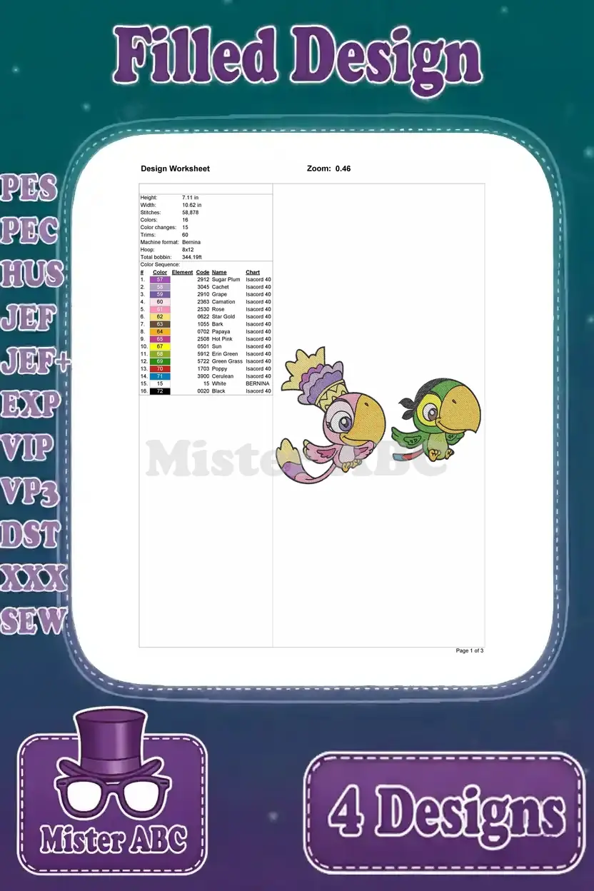 Detailed design worksheet for the small bird with hat and tiny parrot embroidery, showing dimensions, stitch count, and colors.