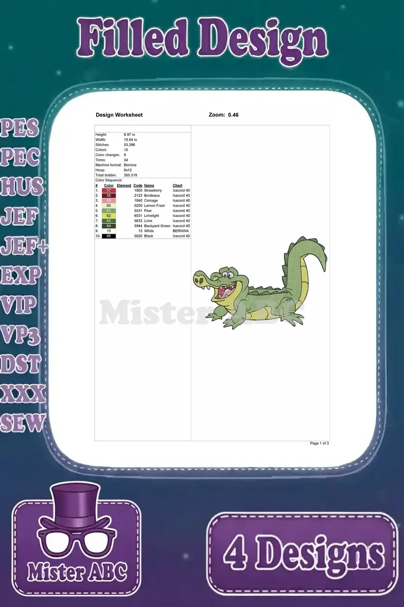 Detailed design worksheet for the friendly alligator embroidery, showing dimensions, stitch count, color changes, and thread sequence.