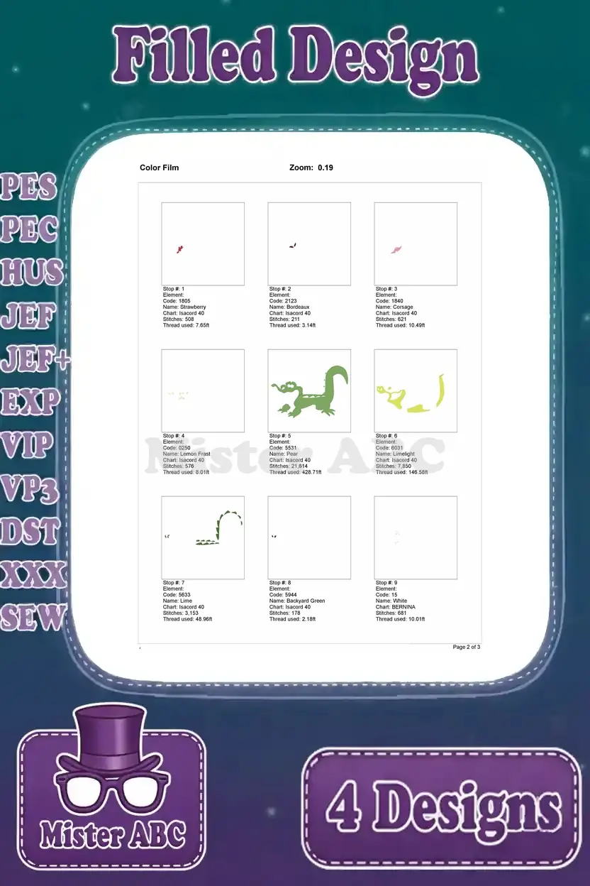 First page of the color film breakdown for the alligator embroidery, showing initial stitch layers and thread stops.