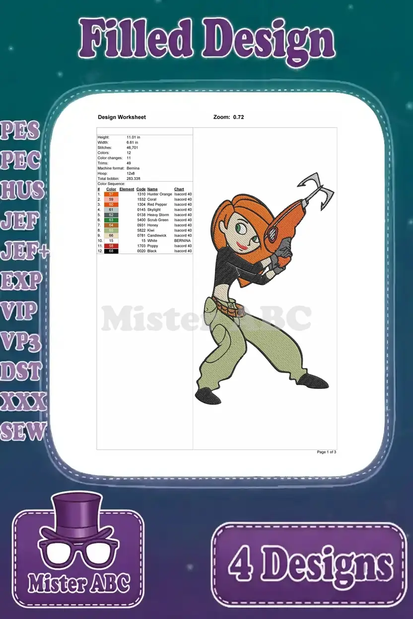 Detailed design worksheet for Kim Possible with grappling hook embroidery, displaying height, stitches, color changes, and thread chart.