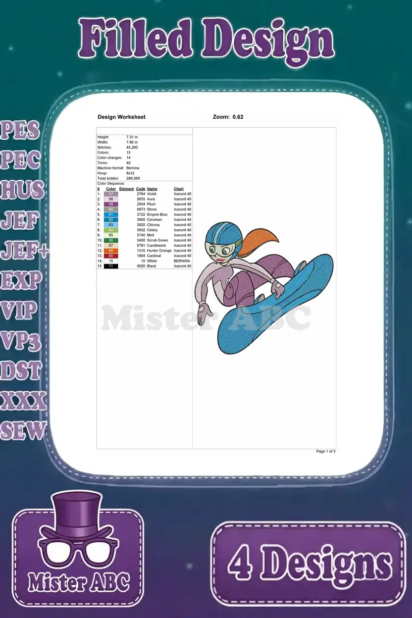 Detailed design worksheet for Kim Possible snowboarding embroidery, showing dimensions, stitch count, color changes, and thread chart.