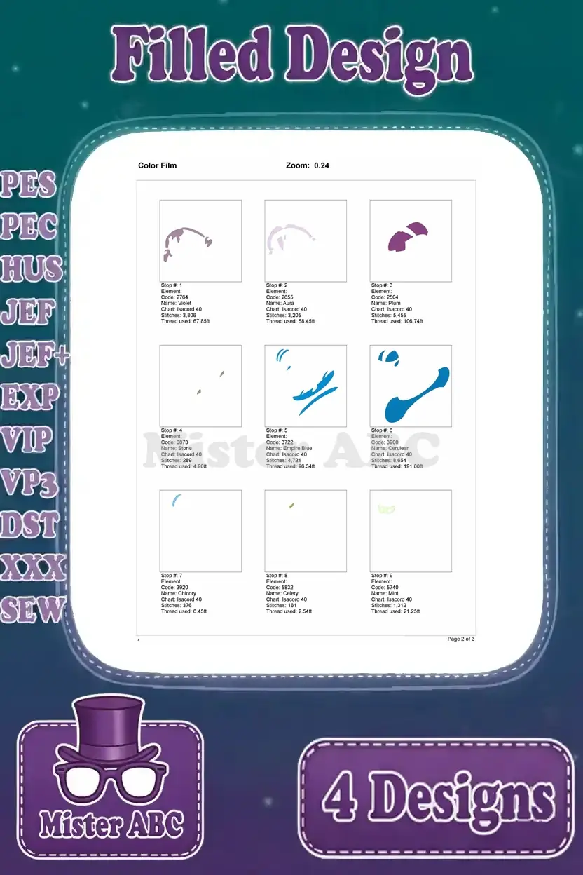 First page of the color film for Kim Possible snowboarding embroidery, outlining the initial thread color sequence and design elements.