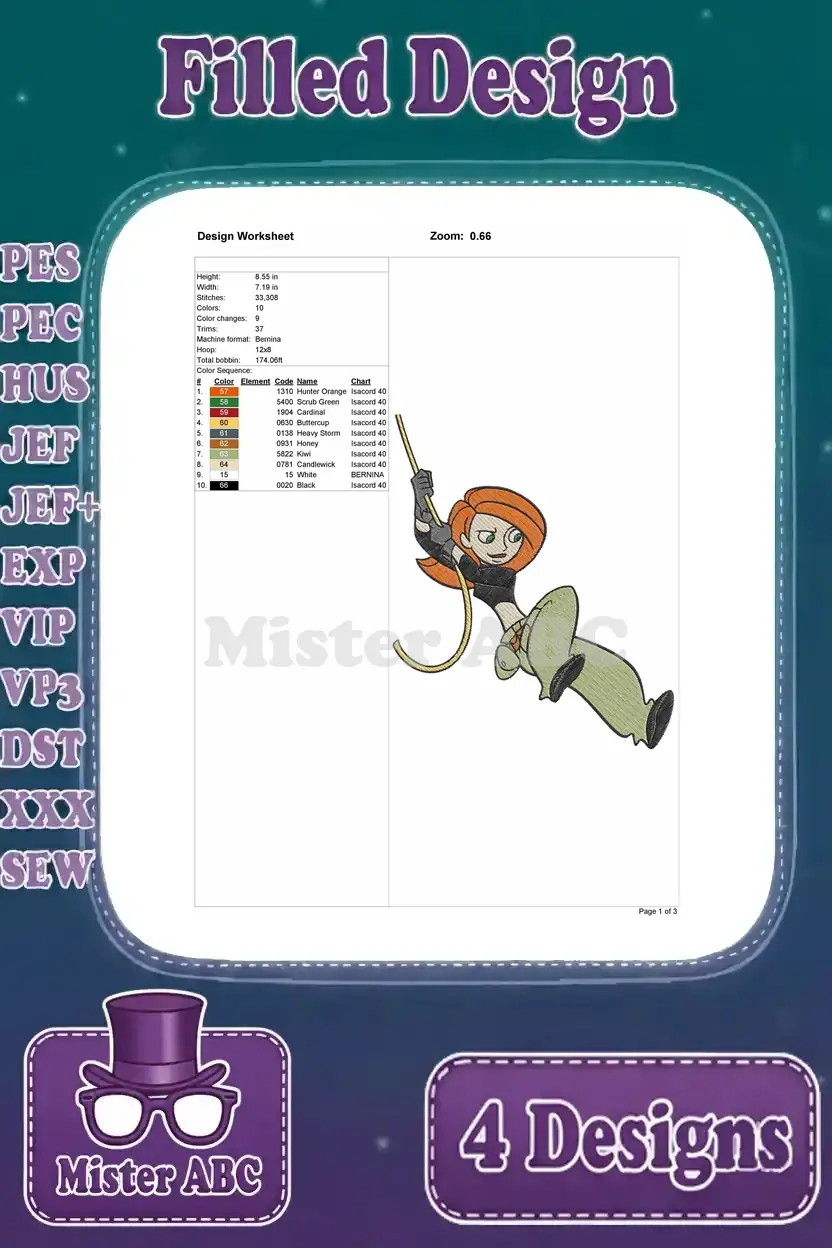 Detailed design worksheet for Kim Possible rappelling embroidery, providing height, stitch count, color changes, and thread chart.