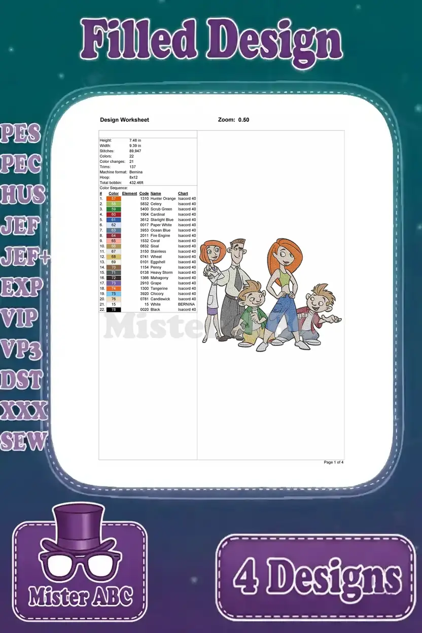 Detailed design worksheet for Kim Possible with family embroidery, showing dimensions, stitch count, color changes, and thread chart.