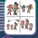 Disney Jake Never Land Pirates Jake Izzy Cubby And Skully Parrot Crew Group - Filled Embroidery Design - Instant Download