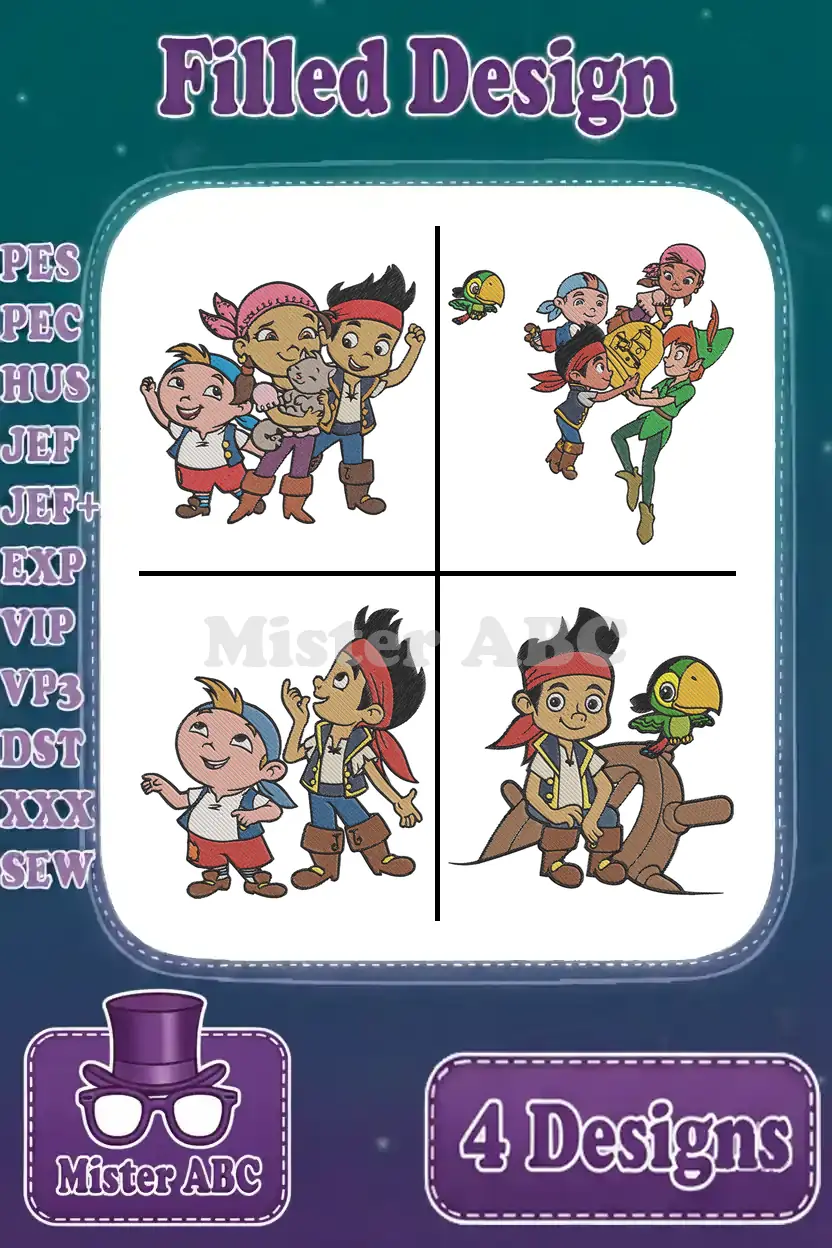 Four vibrant filled embroidery designs featuring Jake, Izzy, Cubby, Skully, and Peter Pan, with file format options.