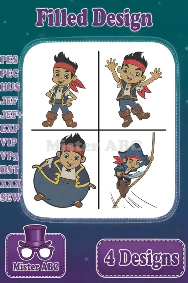 A vibrant embroidery bundle featuring four filled designs of Jake in various playful pirate poses, ready for adventure.