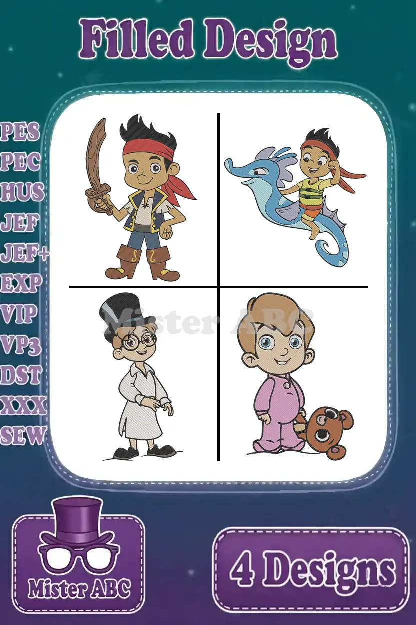 A vibrant embroidery bundle displaying four filled designs: Jake the pirate, Cubby on a seahorse, John Darling, and Michael Darling with his bear.