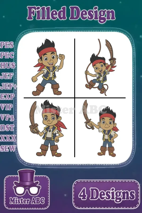Four dynamic filled embroidery designs of Jake the Pirate, showcasing various poses with sword and rope.