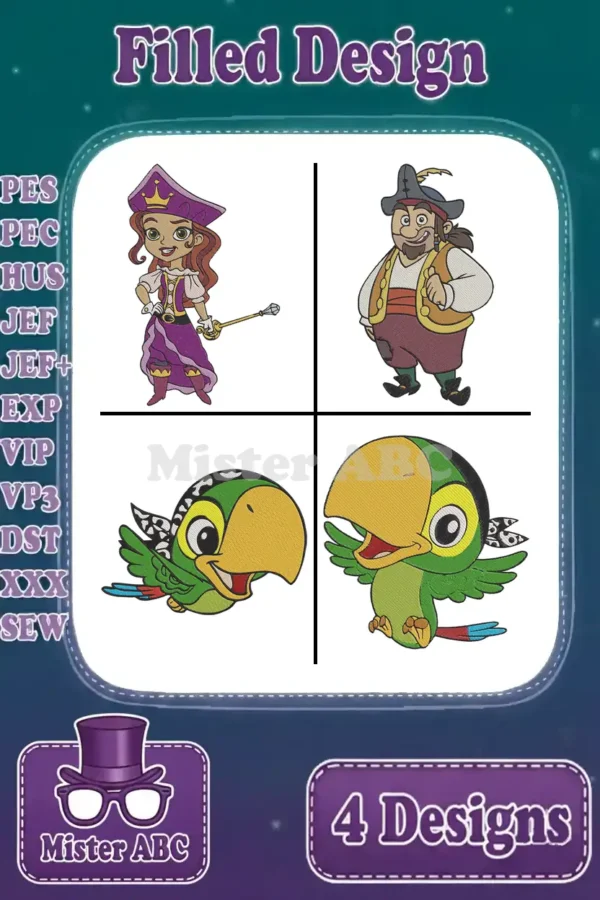 A vibrant embroidery design bundle featuring Izzy, a pirate, and two poses of Skully the parrot, suitable for various formats.