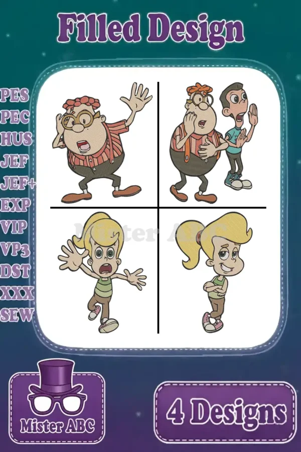 Four vibrant filled embroidery designs featuring Carl, Sheen, Cindy, and Libby from Jimmy Neutron, ready for stitching.