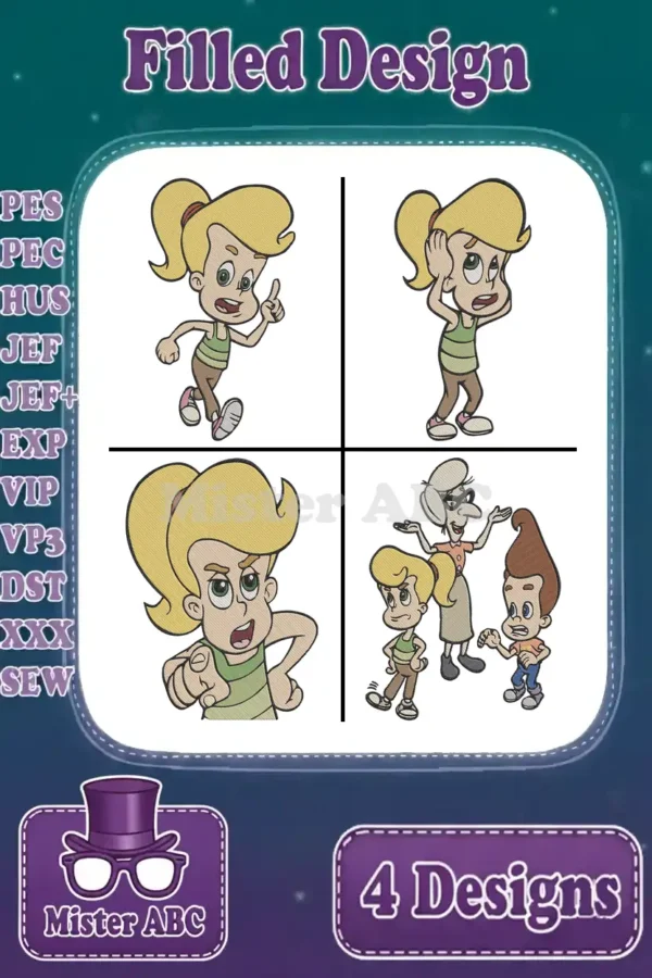Four vibrant filled embroidery designs featuring Cindy Vortex in dynamic poses and one with Jimmy Neutron and Ms. Fowl, showcasing diverse moods and styles for creative projects.