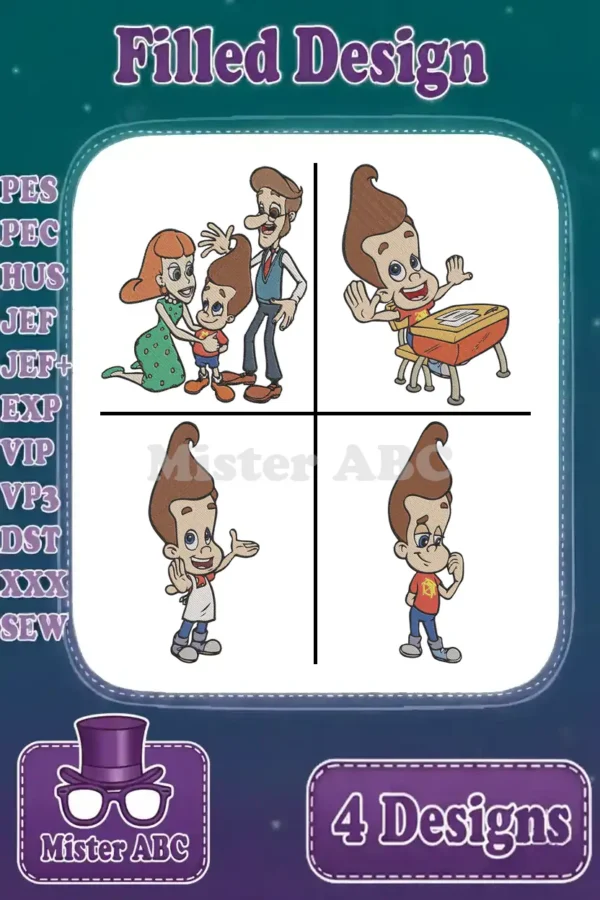 A main product image displaying four distinct filled embroidery designs featuring Jimmy Neutron and his family.