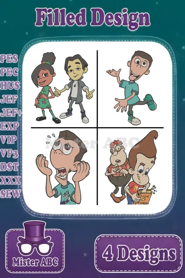 Four vibrant filled embroidery designs featuring popular cartoon characters: Cindy, Jimmy, Sheen, and Carl from a classic show.