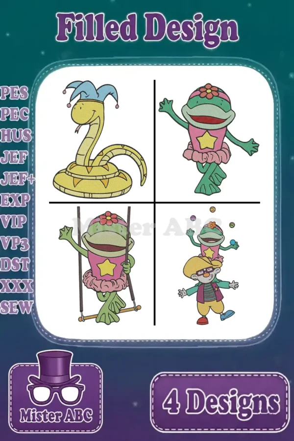 A vibrant collection of four filled embroidery designs, featuring a jester snake, two playful frogs, and a boy with a frog, showcasing stitch types.