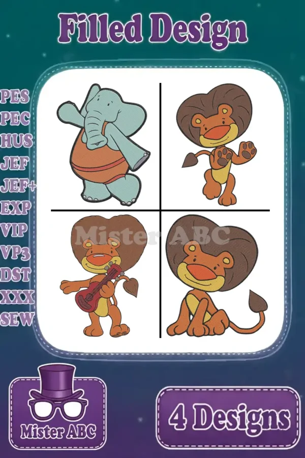 Four adorable filled embroidery designs featuring a playful elephant and three charming lions, showcased with available formats.