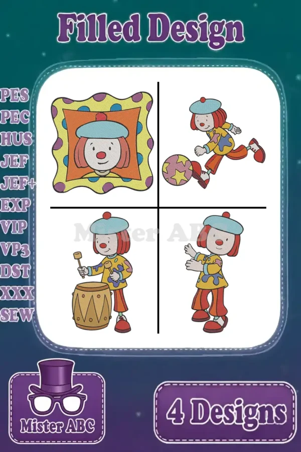 A vibrant bundle of four filled embroidery designs featuring a cheerful clown in various playful poses.