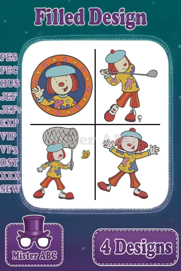 Four vibrant filled embroidery designs featuring a joyful Dot character in different playful poses for versatile crafting.