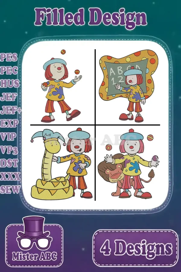A vibrant bundle of four Mister ABC clown filled embroidery designs, showcasing playful scenes and supported stitch formats.