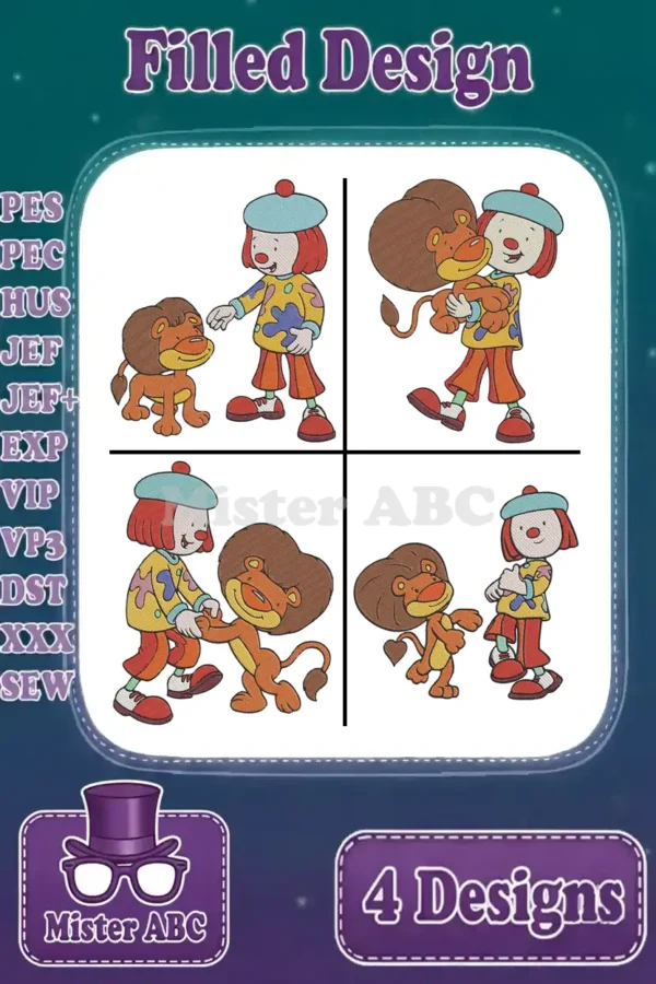 Four charming Pepi the clown and lion cub embroidery designs, showcasing various playful interactions in filled stitch.