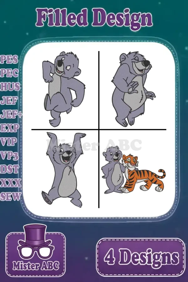 Four vibrant, filled embroidery designs featuring Baloo from The Jungle Book, including one with Shere Khan.