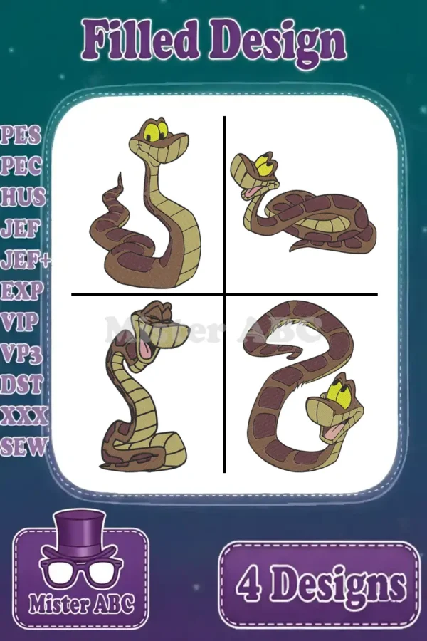Four vibrant Kaa embroidery designs from The Jungle Book, showcasing various poses, all filled stitch types, and supported file formats.
