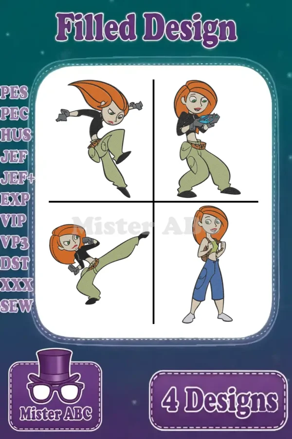 A vibrant collage of four distinct Kim Possible filled embroidery designs, showcasing various dynamic poses. Perfect for fans.