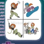 Kim Possible Action Poses Snowboarding And With Her Family Group Shot Team - Filled Embroidery Design - Instant Download