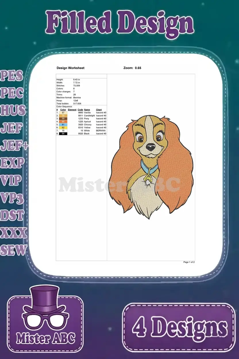 Detailed design worksheet for the first Lady embroidery design, showing dimensions, stitch count, and color sequence.