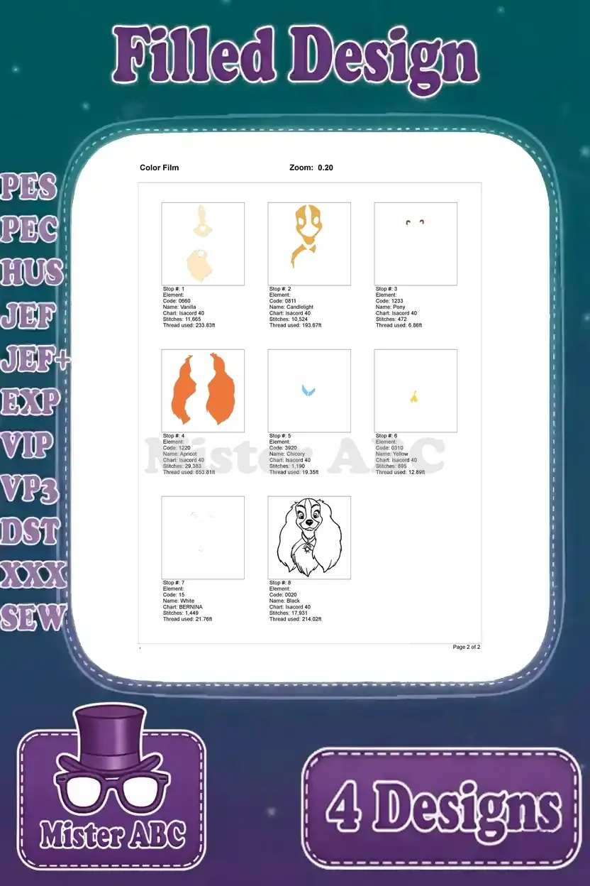 Color film breakdown for the first Lady embroidery design, illustrating the stitch order and thread usage by section.