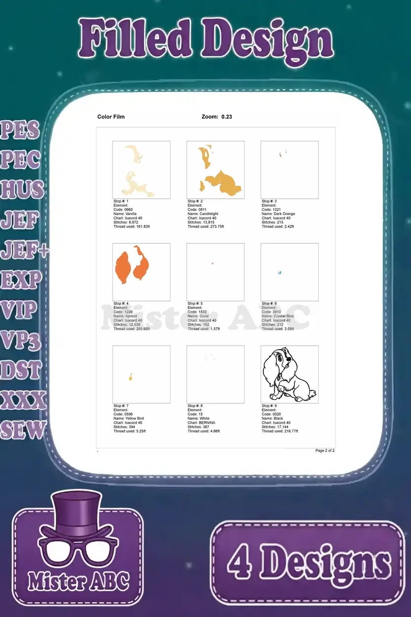 Color film breakdown for the second Lady embroidery design, illustrating the stitch order and thread usage by section.