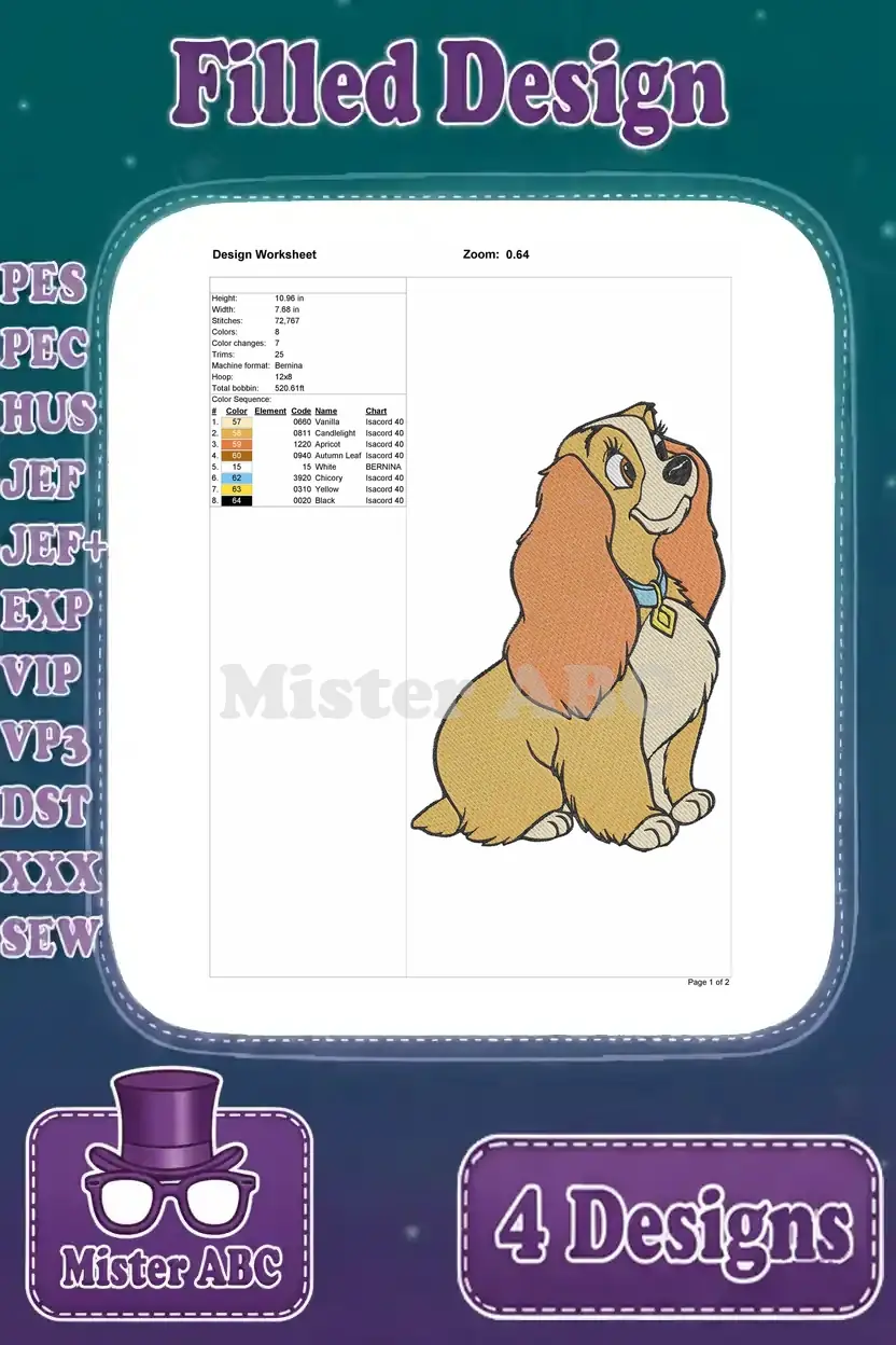 Detailed design worksheet for the third Lady embroidery design, showing dimensions, stitch count, and color sequence.