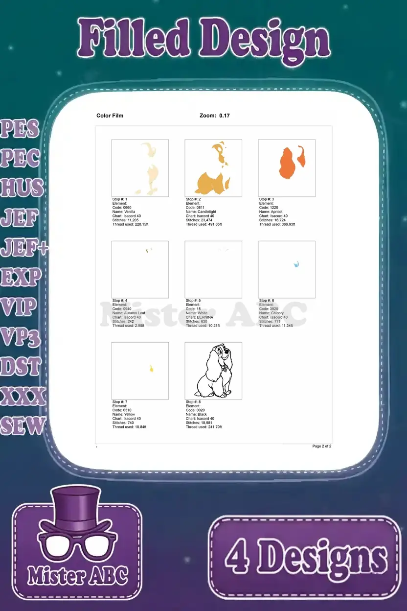 Color film breakdown for the third Lady embroidery design, illustrating the stitch order and thread usage by section.