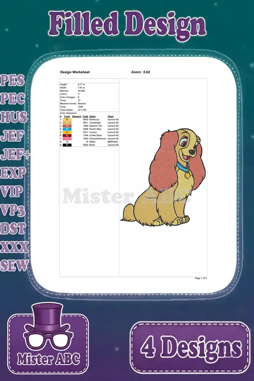 Detailed design worksheet for the fourth Lady embroidery design, showing dimensions, stitch count, and color sequence.