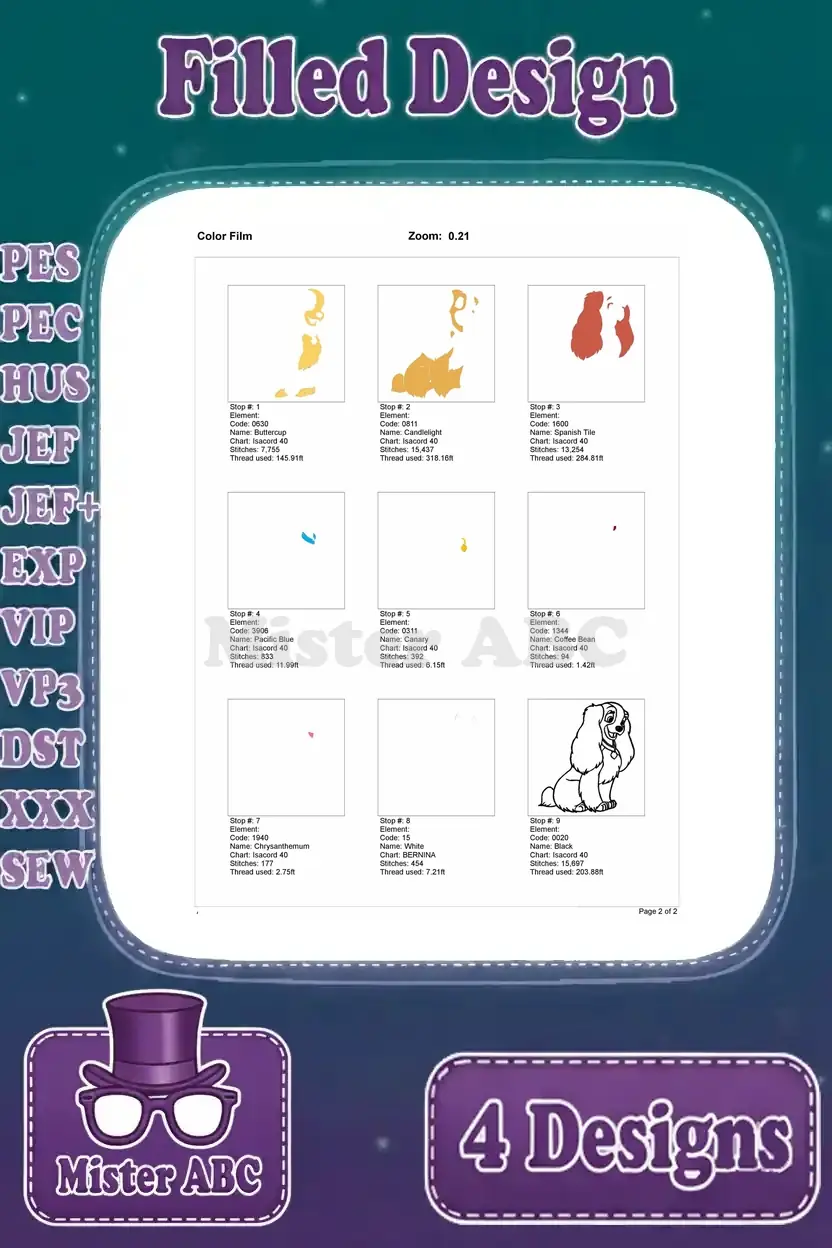 Color film breakdown for the fourth Lady embroidery design, illustrating the stitch order and thread usage by section.