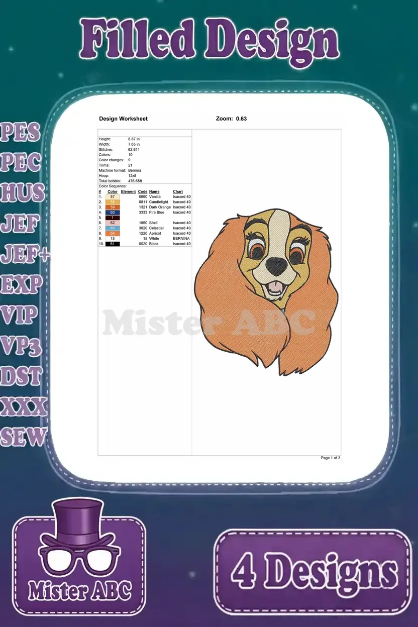 Design Worksheet for the second Lady embroidery design, detailing stitch count, color changes, dimensions, and thread chart.