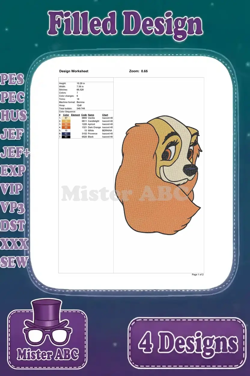 Design Worksheet for the third Lady embroidery design, detailing stitch count, color changes, dimensions, and thread chart.