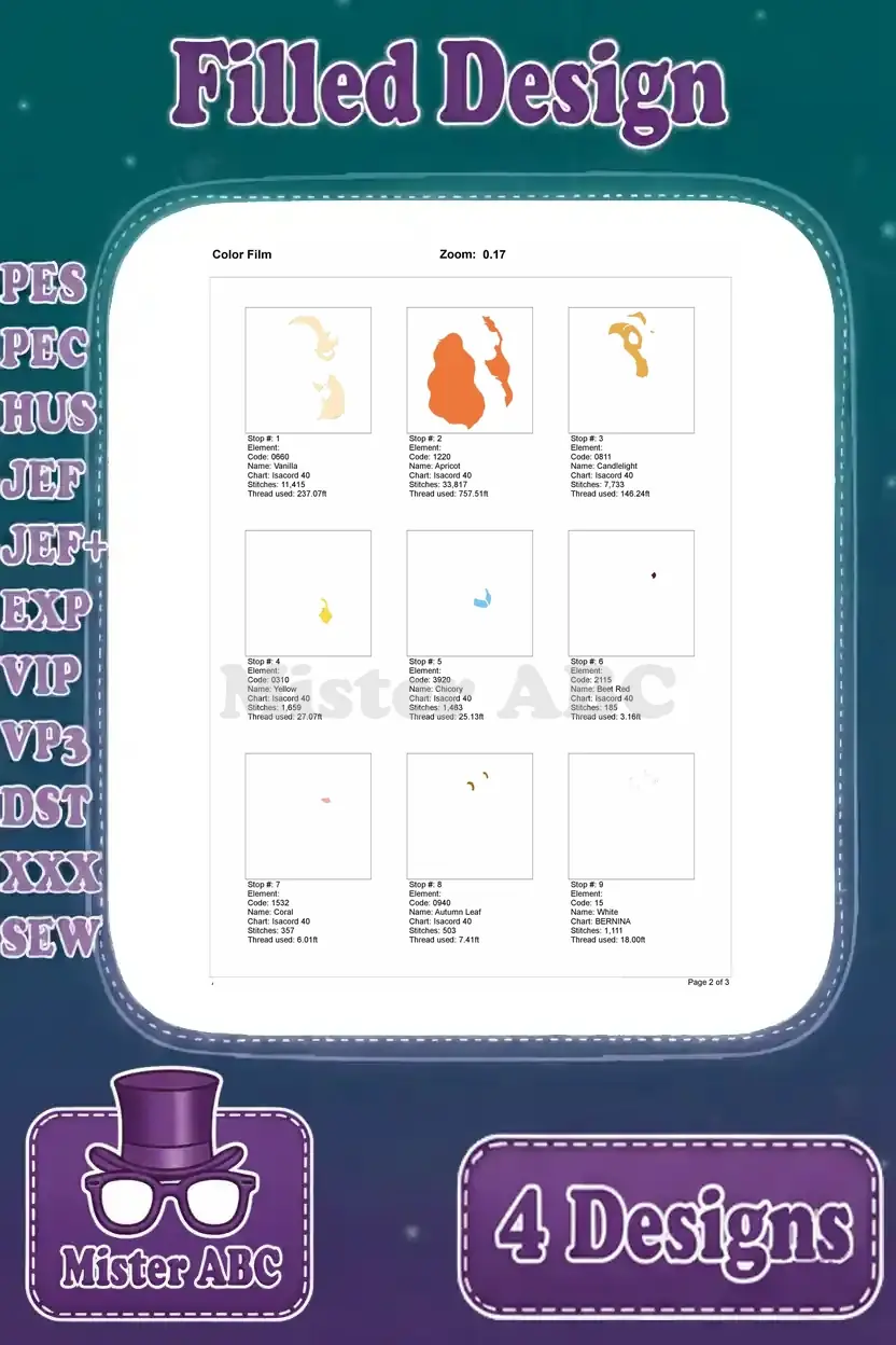 First page of the color film for the Lady solo filled embroidery design, detailing initial stitch sequence and colors.