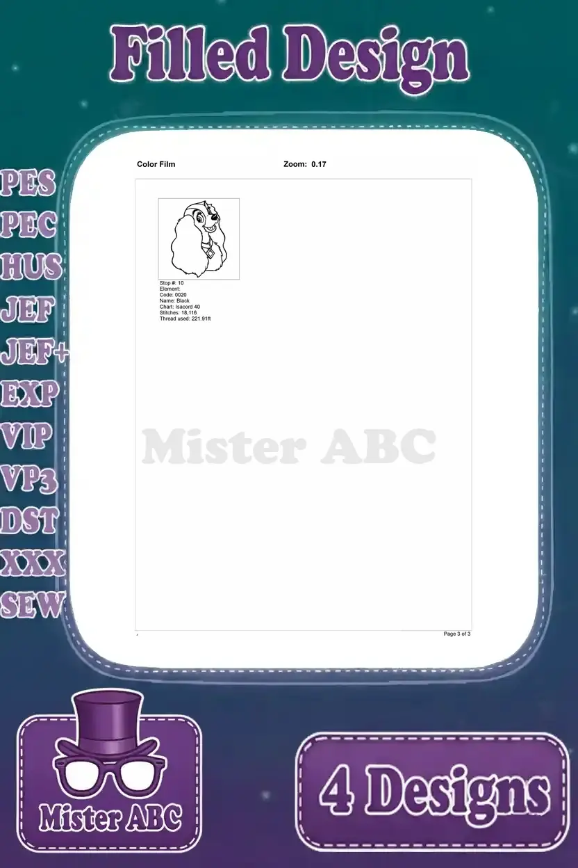 Second page of the color film for the Lady solo filled embroidery design, showing the final stitch outline.