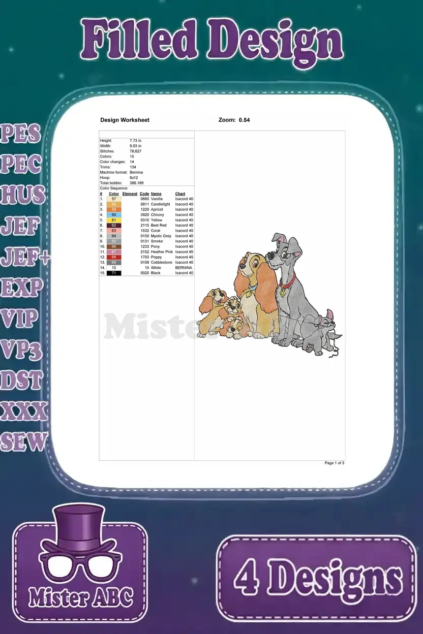 Design worksheet for the 'Lady, Tramp, and puppies' filled embroidery design, with stitch count, colors, and dimensions.